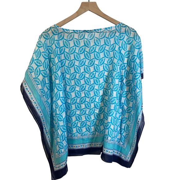 Talbots Silk Blend Lightweight Cover Up Top Leaf Print Turquoise White Sz XS - Picture 9 of 9